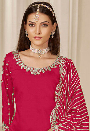 Embroidered Art Silk Punjabi Suit in Red