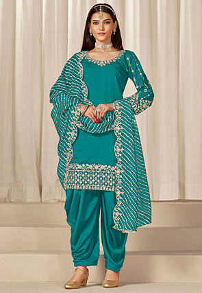 Embroidered Art Silk Punjabi Suit in Teal Blue