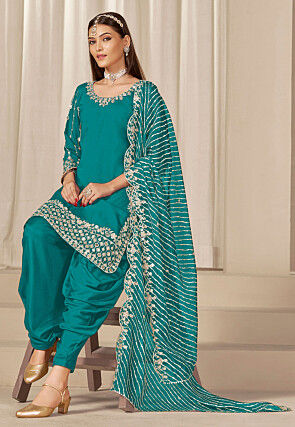 Embroidered Art Silk Punjabi Suit in Teal Blue