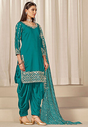 Embroidered Art Silk Punjabi Suit in Teal Blue