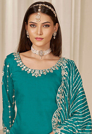 Embroidered Art Silk Punjabi Suit in Teal Blue