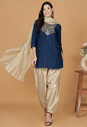Embroidered Art Silk Punjabi Suit in Teal Blue