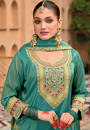 Embroidered Art Silk Punjabi Suit in Teal Green