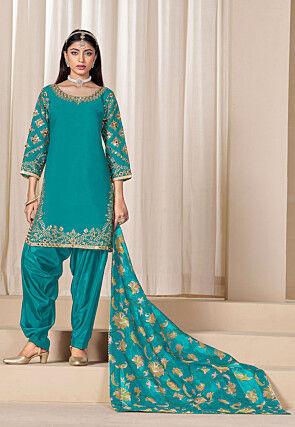 Embroidered Art Silk Punjabi Suit in Turquoise