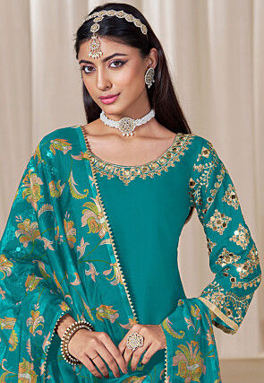 Embroidered Art Silk Punjabi Suit in Turquoise