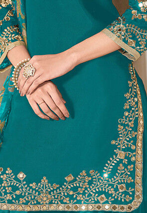 Embroidered Art Silk Punjabi Suit in Turquoise