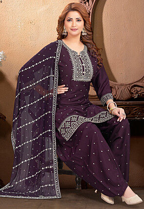 Embroidered Art Silk Punjabi Suit in Wine