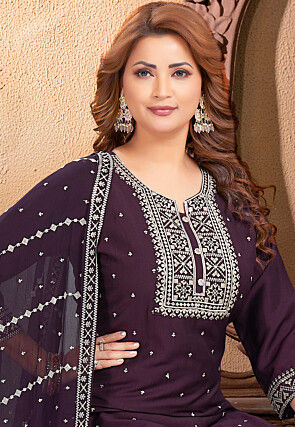 Embroidered Art Silk Punjabi Suit in Wine