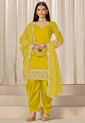 Embroidered Art Silk Punjabi Suit in Yellow