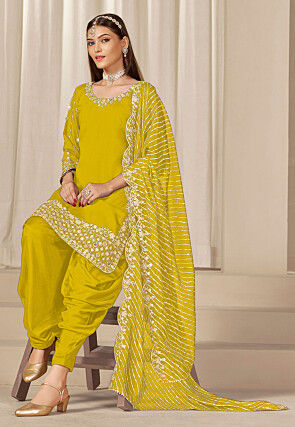 Embroidered Art Silk Punjabi Suit in Yellow