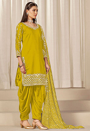 Embroidered Art Silk Punjabi Suit in Yellow
