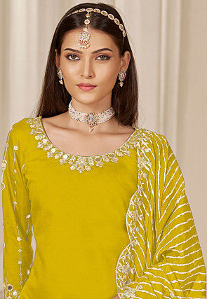 Embroidered Art Silk Punjabi Suit in Yellow