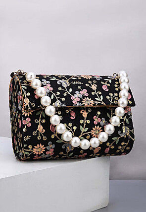 Embroidered Art Silk Rectangular Clutch Bag in Black