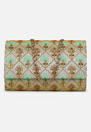 Embroidered Art Silk Rectangular Clutch Bag in Light Beige