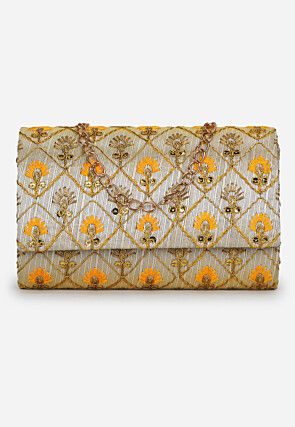 Embroidered Art Silk Rectangular Clutch Bag in Light Beige