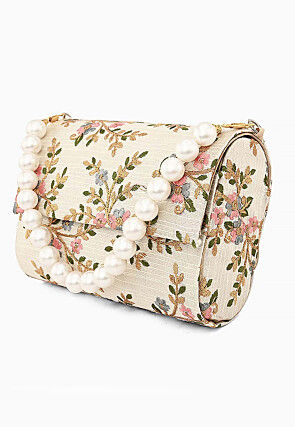 Embroidered Art Silk Rectangular Clutch Bag in Off White