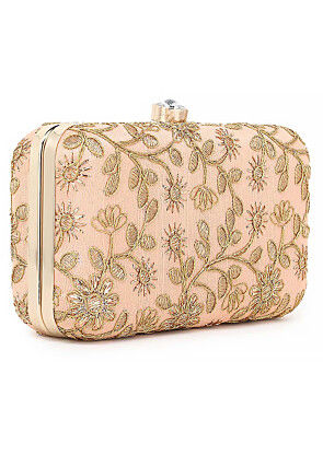 Embroidered Art Silk Rectangular Clutch Bag in Peach