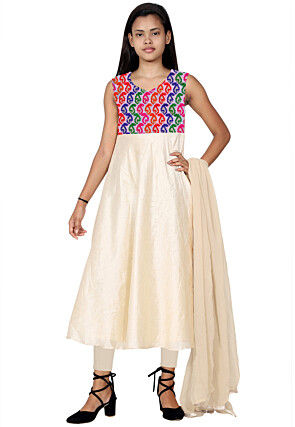 Embroidered Art Silk Salwar Suit in Cream and Multicolor