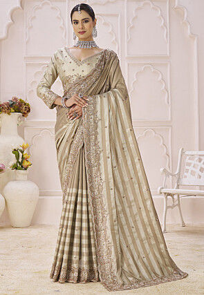 Embroidered Art Silk Saree in Beige and Silver