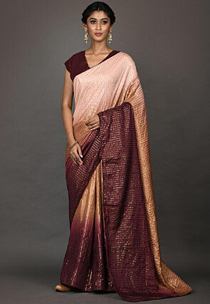 Embroidered Art Silk Saree in Beige and Wine Ombre