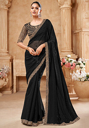 Embroidered Crushed Art Silk Saree in Black