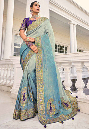 Embroidered Art Silk Saree in Blue Ombre