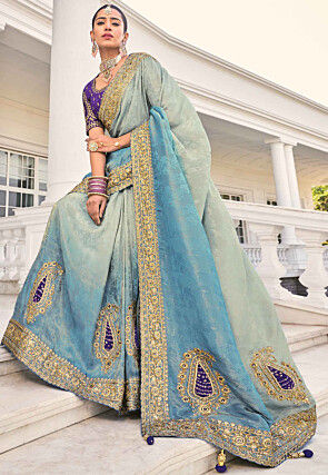 Embroidered Art Silk Saree in Blue Ombre