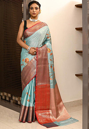 Embroidered Art Silk Saree in Blue