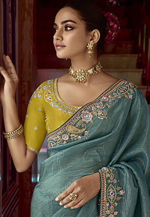 Embroidered Art Silk Saree in Blue