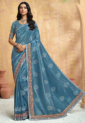 Embroidered Art Silk Saree in Blue