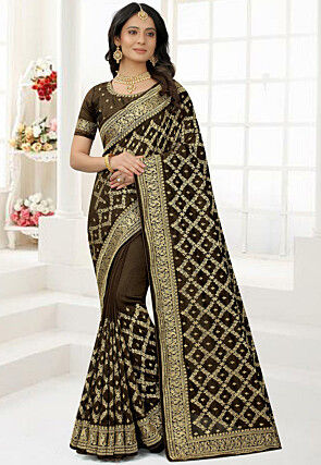 Embroidered Art Silk Saree in Brown
