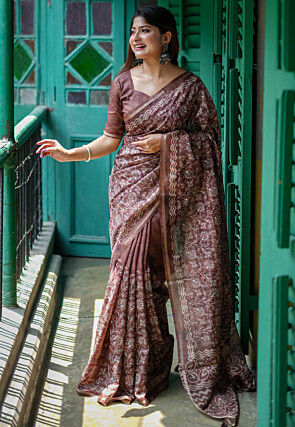 Embroidered Art Silk Saree in Brown