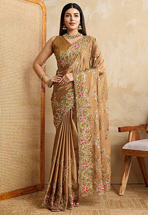 Embroidered Art Silk Saree in Brown