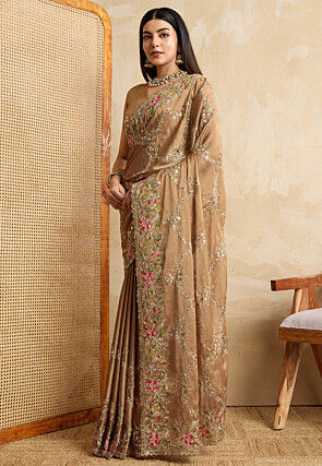 Embroidered Art Silk Saree in Brown