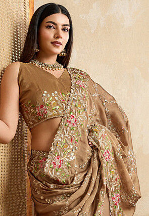Embroidered Art Silk Saree in Brown