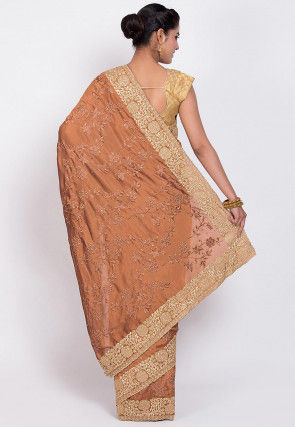 Embroidered Art Silk Saree in Brown