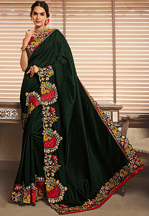 Embroidered Art Silk Saree in Dark Green