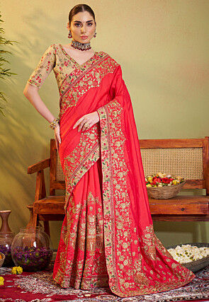 Embroidered Art Silk Saree in Dark Peach