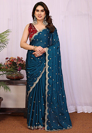 Embroidered Art Silk Saree in Dark Teal Blue