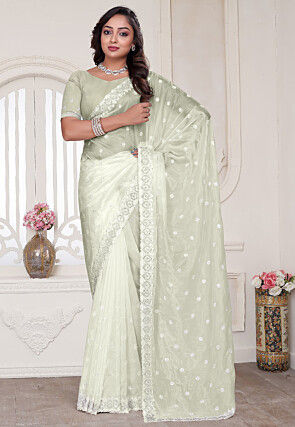 Embroidered Art Silk Saree in Dusty Green