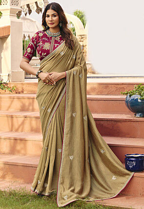 Embroidered Art Silk Saree in Dusty Green