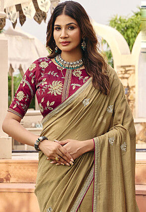 Embroidered Art Silk Saree in Dusty Green