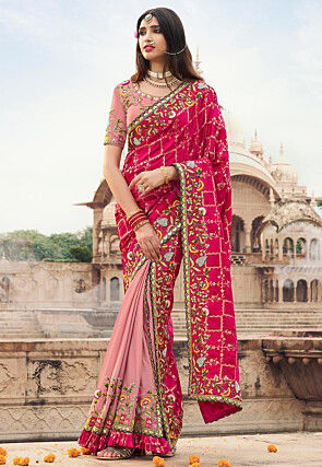 Embroidered Art Silk Saree in Fuchsia and Peach