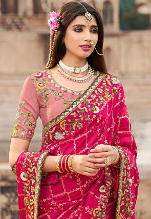 Embroidered Art Silk Saree in Fuchsia and Peach