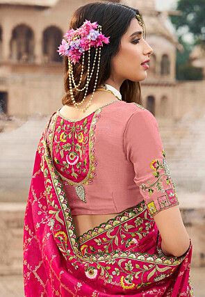Embroidered Art Silk Saree in Fuchsia and Peach