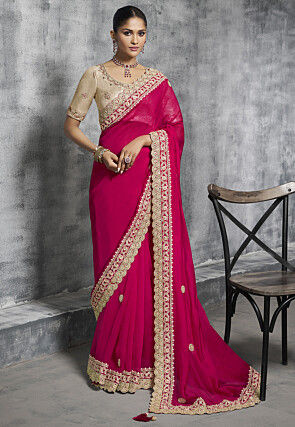 Embroidered Art Silk Scalloped Saree in Fuchsia
