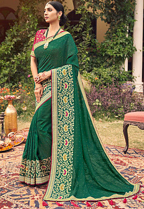 Embroidered Art Silk Saree in Green