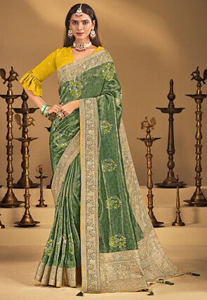 Embroidered Art Silk Saree in Green