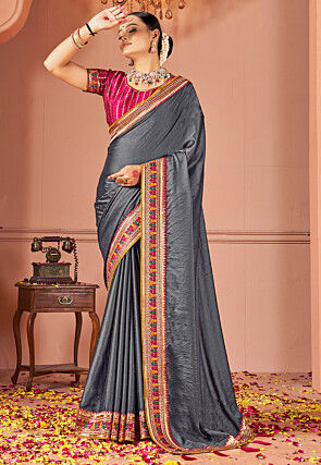 Embroidered Art Silk Saree in Grey