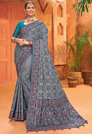 Embroidered Art Silk Saree in Grey